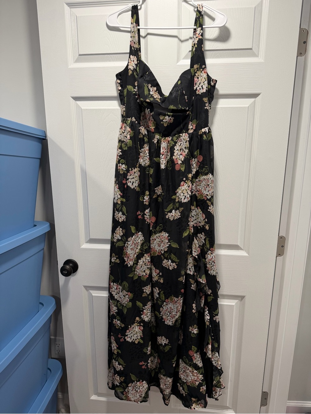 Lulu's Black Floral Maxi Dress with Pink & Green Details